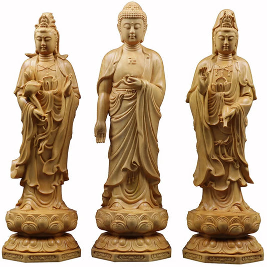 Wood Carving the Buddha Figurine of Three Saints of the West Guanyin Amitabha Statue Sculpture Home Living Room Decor Ornament