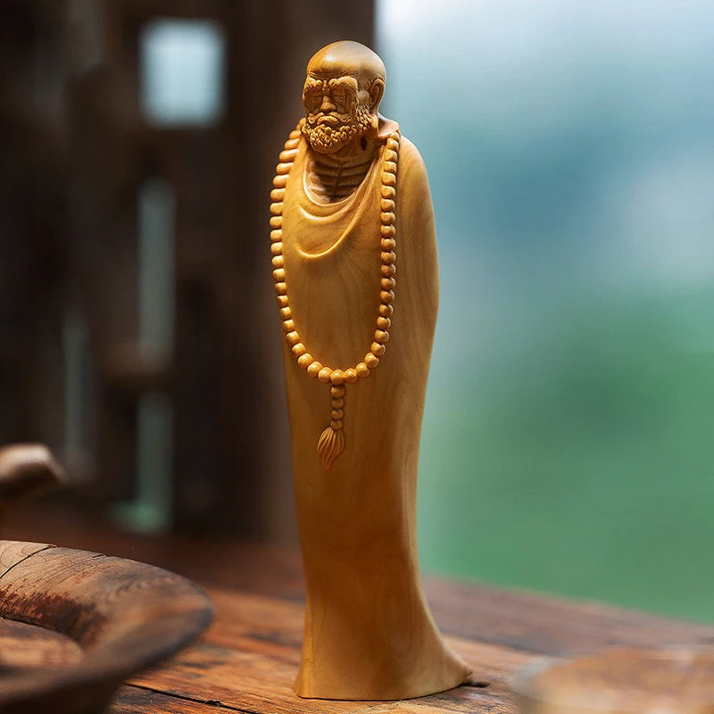 Wood Figures Buddha Figure Dharma Wood Carving Handpiece Boxwood Solid Wood Carving Modern Chinese Style Home Decoration