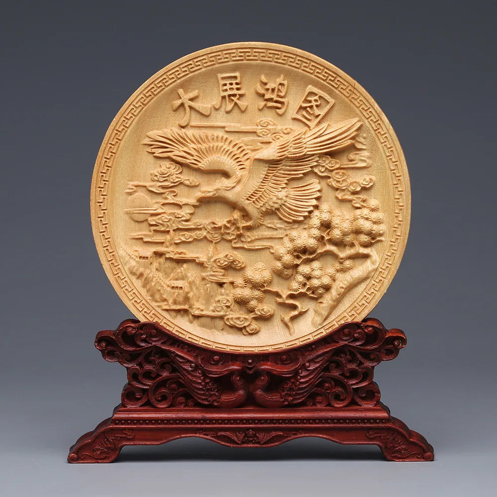 Wood carving Dragon and Phoenix Round Carving Art Statue Mascot High quality home room, office decoration accessories