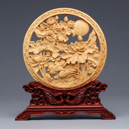 Wood carving Dragon and Phoenix Round Carving Art Statue Mascot High quality home room, office decoration accessories