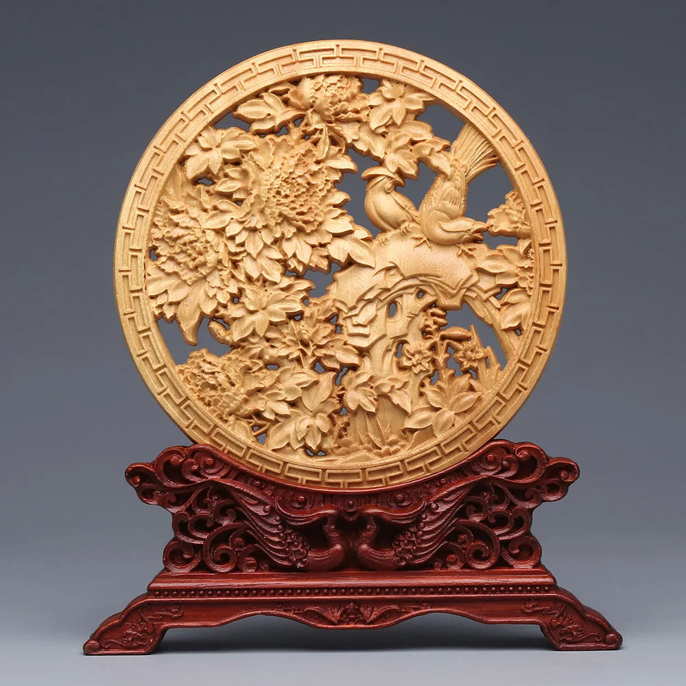 Wood carving Dragon and Phoenix Round Carving Art Statue Mascot High quality home room, office decoration accessories