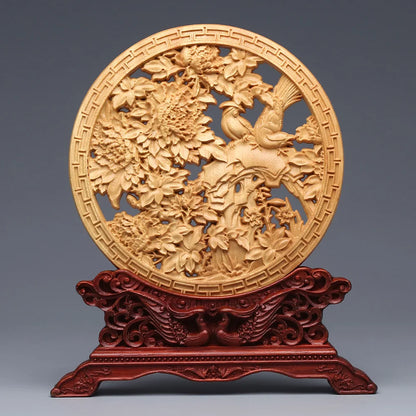 Wood carving Dragon and Phoenix Round Carving Art Statue Mascot High quality home room, office decoration accessories
