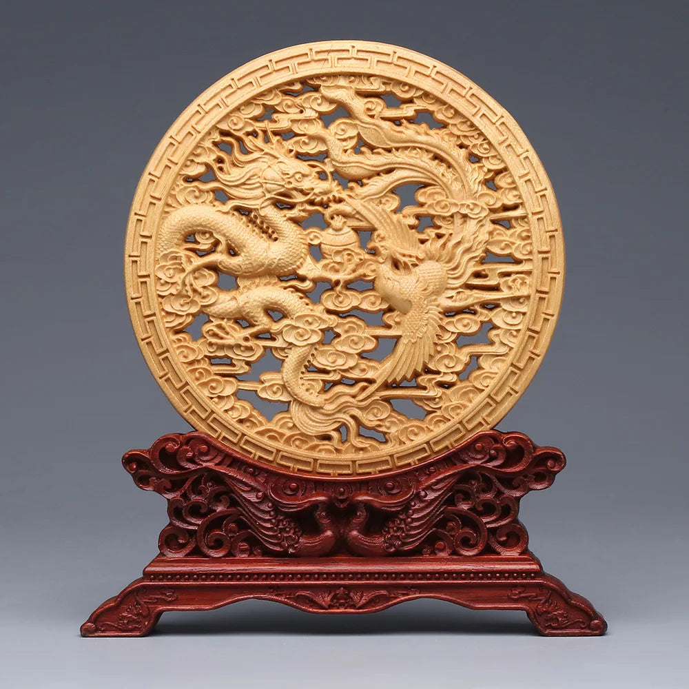 Wood carving Dragon and Phoenix Round Carving Art Statue Mascot High quality home room, office decoration accessories