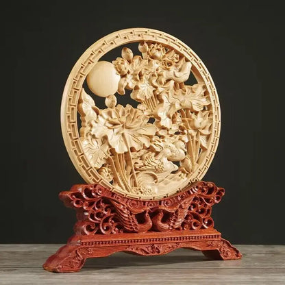 Wood carving Dragon and Phoenix Round Carving Art Statue Mascot High quality home room, office decoration accessories