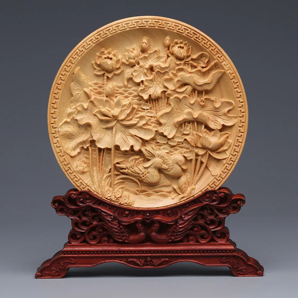 Wood carving Dragon and Phoenix Round Carving Art Statue Mascot High quality home room, office decoration accessories