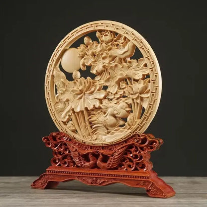 Wood carving Dragon and Phoenix Round Carving Art Statue Mascot High quality home room, office decoration accessories