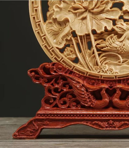 Wood carving Dragon and Phoenix Round Carving Art Statue Mascot High quality home room, office decoration accessories
