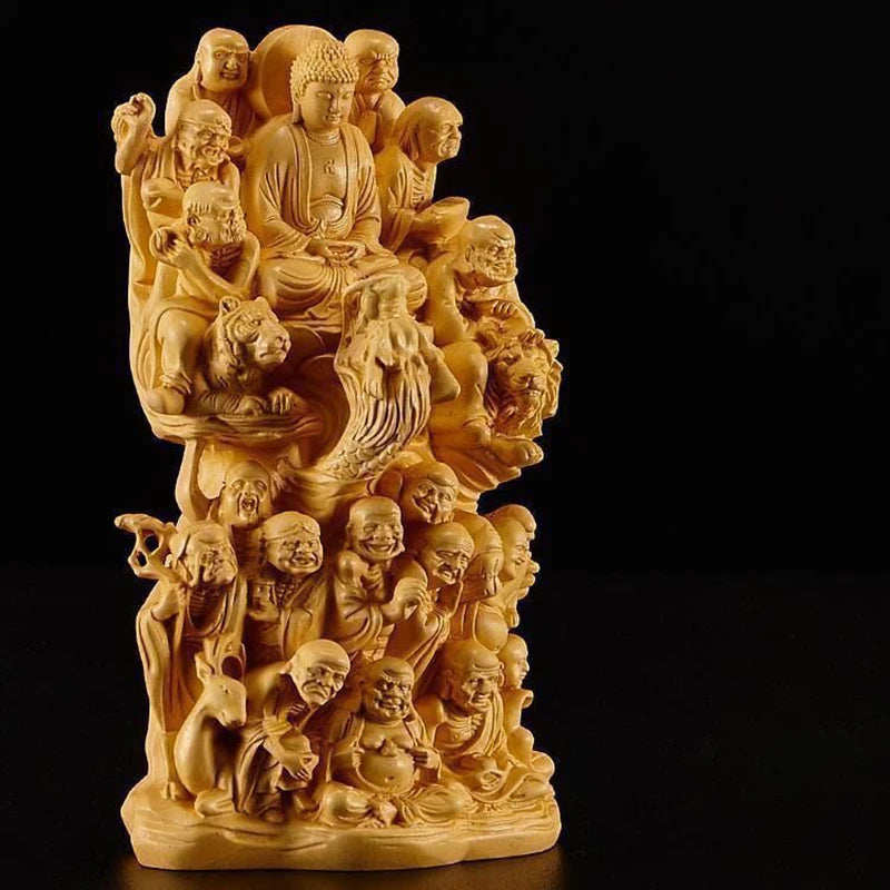Wood carving Eighteen Arhats Buddha statue， Pure Solid Wood carving，Home living room, room wealth art statue