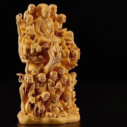 Wood carving Eighteen Arhats Buddha statue， Pure Solid Wood carving，Home living room, room wealth art statue
