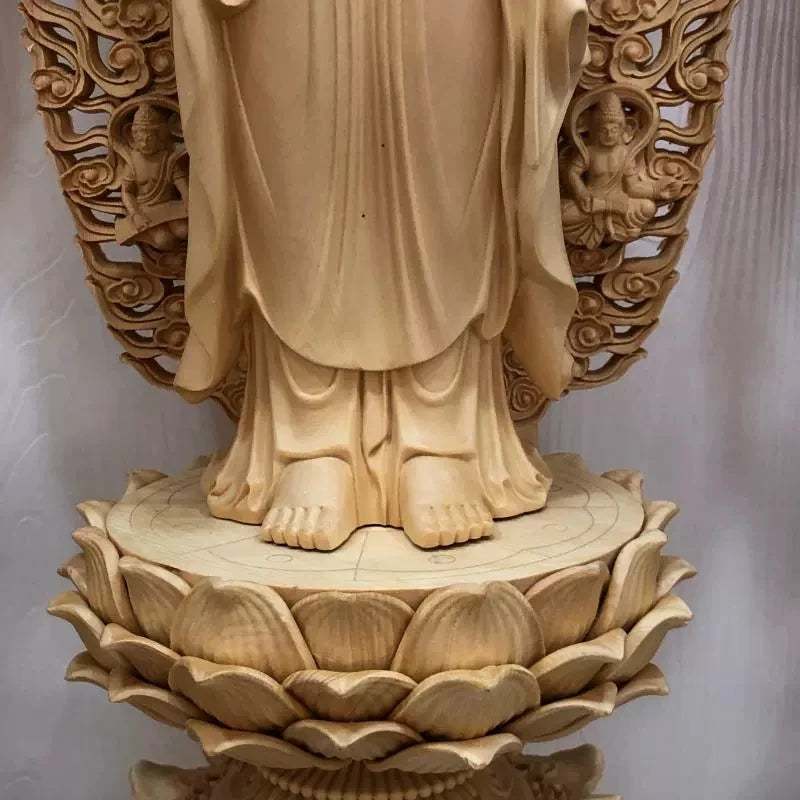 Wood carving Oversized Guanyin, Tathagata Buddha Characters Statue Solid Wood Art Carving Home Living Room office Feng Shui Idol