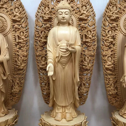 Wood carving Oversized Guanyin, Tathagata Buddha Characters Statue Solid Wood Art Carving Home Living Room office Feng Shui Idol