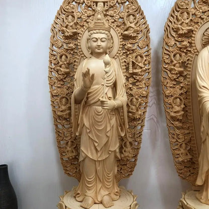 Wood carving Oversized Guanyin, Tathagata Buddha Characters Statue Solid Wood Art Carving Home Living Room office Feng Shui Idol