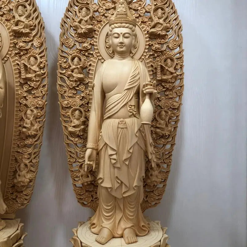 Wood carving Oversized Guanyin, Tathagata Buddha Characters Statue Solid Wood Art Carving Home Living Room office Feng Shui Idol