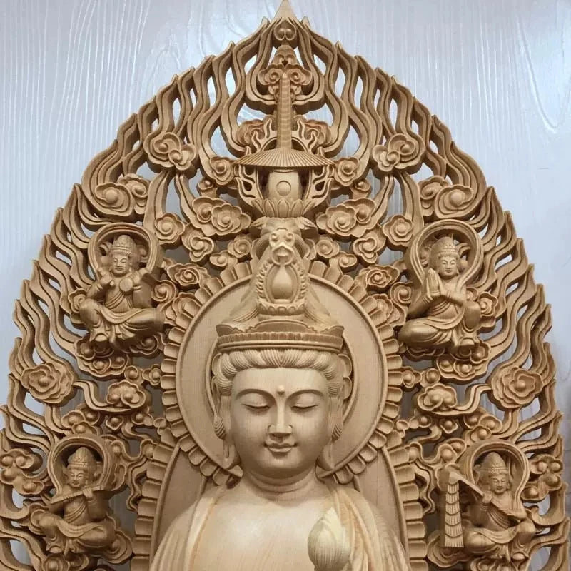 Wood carving Oversized Guanyin, Tathagata Buddha Characters Statue Solid Wood Art Carving Home Living Room office Feng Shui Idol