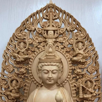 Wood carving Oversized Guanyin, Tathagata Buddha Characters Statue Solid Wood Art Carving Home Living Room office Feng Shui Idol