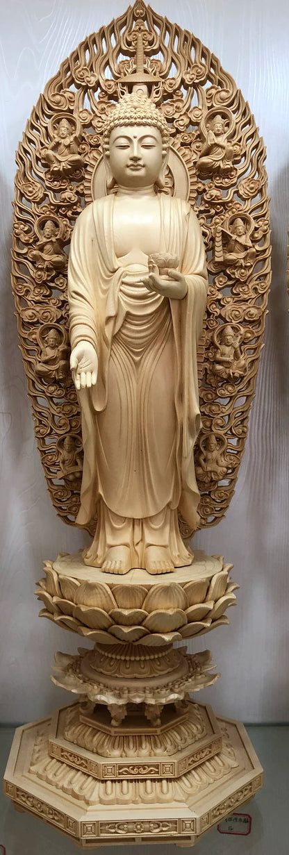 Wood carving Oversized Guanyin, Tathagata Buddha Characters Statue Solid Wood Art Carving Home Living Room office Feng Shui Idol
