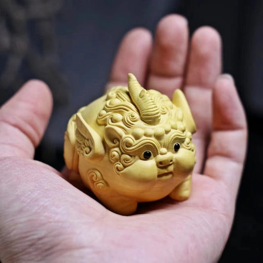 Wood carving Unique Pixiu Sculpture Statue for Good Luck and Fortune Animals Handcrafted Artwork Office or HomeDecor Feng Shui