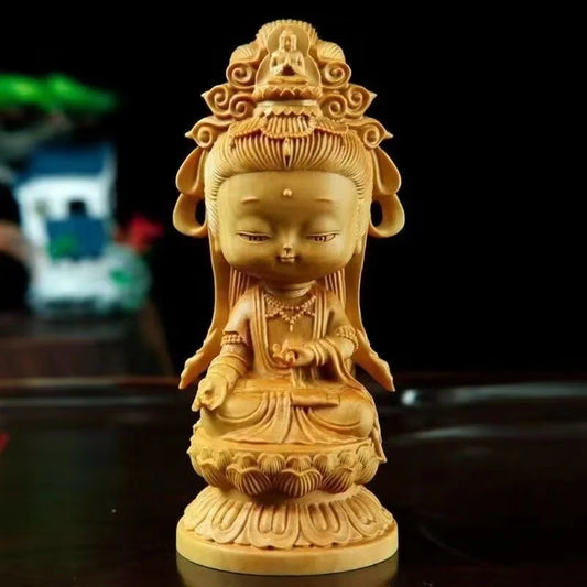 Woodcarving Cartoon Guanyin Statue  Hand Carving Solid Wood Buddhist Feng Shui Guanyin Home Room Office Decoration  Statue