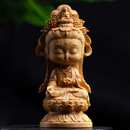 Woodcarving Cartoon Guanyin Statue Hand Carving Solid Wood Buddhist Feng Shui Home Decoration Accessories Buddha Sculpture
