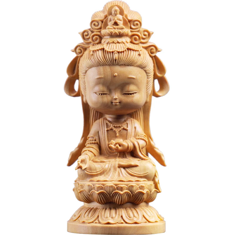 Woodcarving Cartoon Guanyin Statue Hand Carving Solid Wood Buddhist Feng Shui Home Decoration Accessories Buddha Sculpture