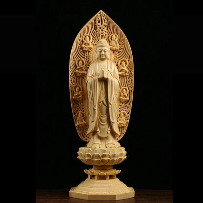 Wooden 3 Buddhas Goddess Hinoki Buddha Figurines Guanyin Spirit Statue Home Decor Craft