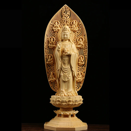 Wooden 3 Buddhas Goddess Hinoki Buddha Figurines Guanyin Spirit Statue Home Decor Craft
