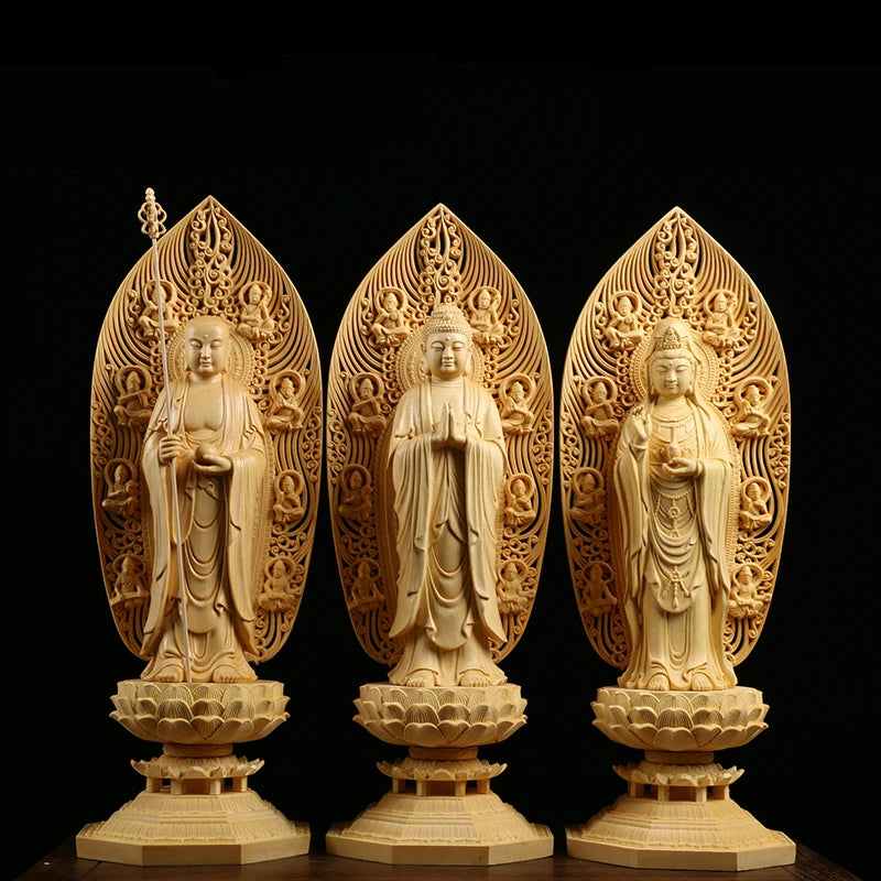 Wooden 3 Buddhas Goddess Hinoki Buddha Figurines Guanyin Spirit Statue Home Decor Craft