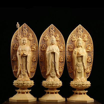Wooden 3 Buddhas Goddess Hinoki Buddha Figurines Guanyin Spirit Statue Home Decor Craft
