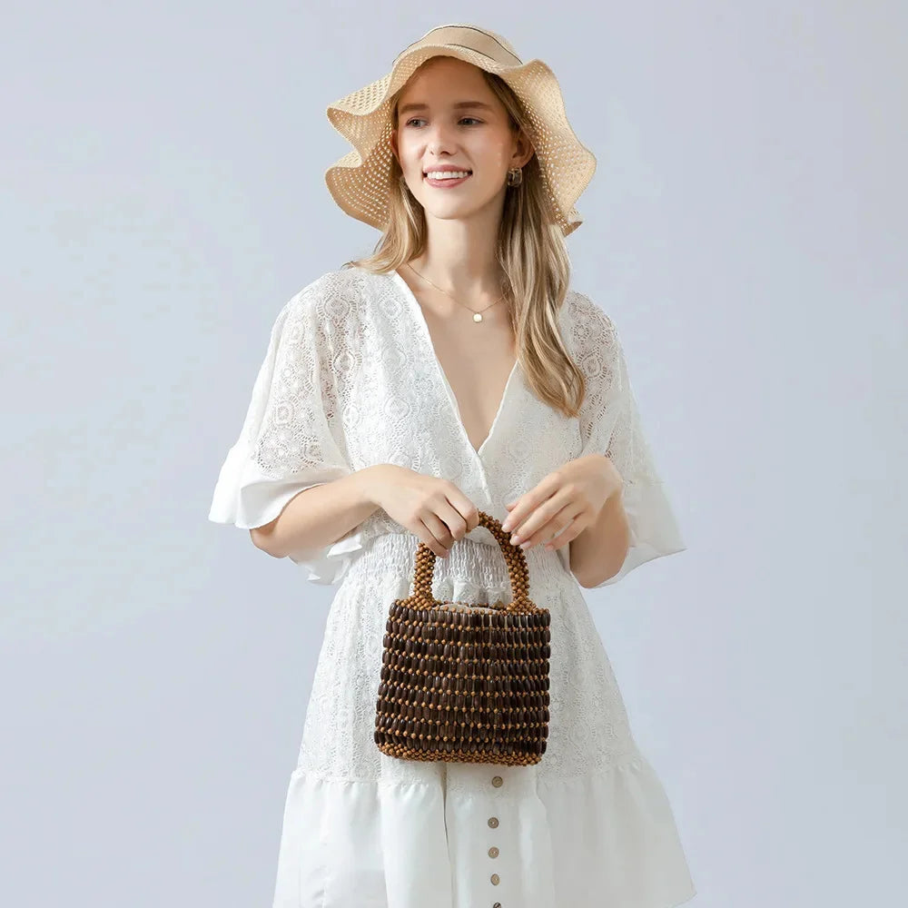 Wooden Bead Niche Design Hand-woven 2024 Spring And Summer Handbag Korean Commuter High-end Forest Clutch Bag