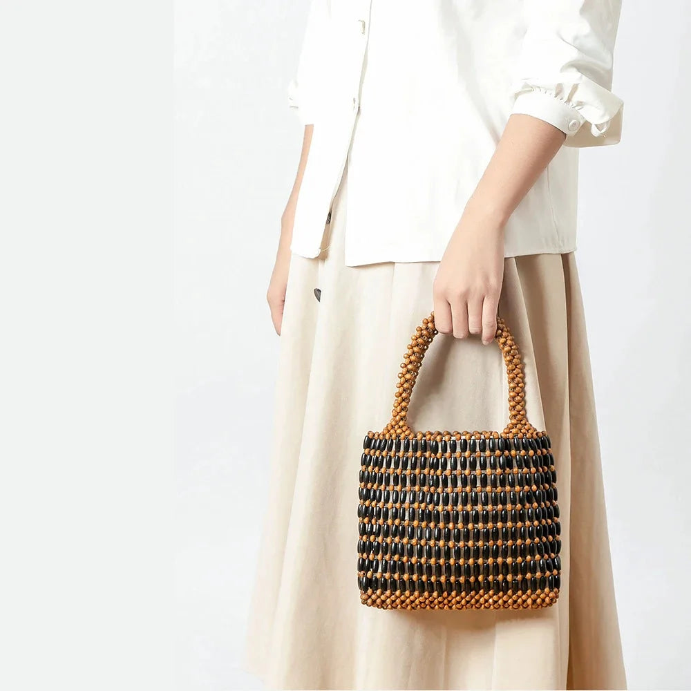 Wooden Bead Niche Design Hand-woven 2024 Spring And Summer Handbag Korean Commuter High-end Forest Clutch Bag