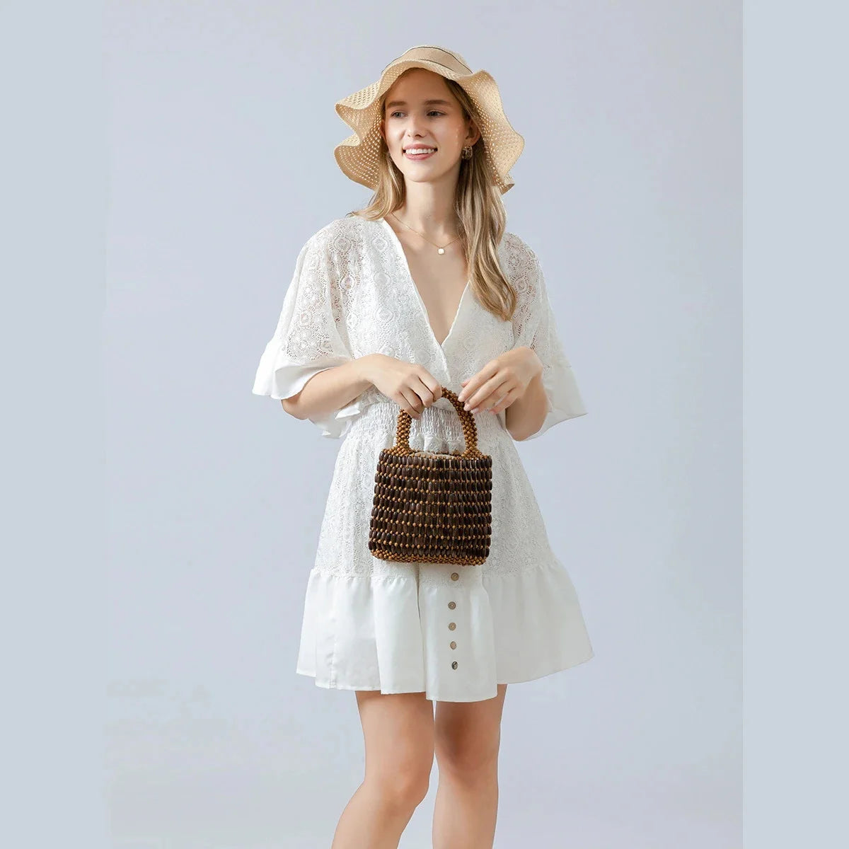 Wooden Bead Niche Design Hand-woven 2024 Spring And Summer Handbag Korean Commuter High-end Forest Clutch Bag