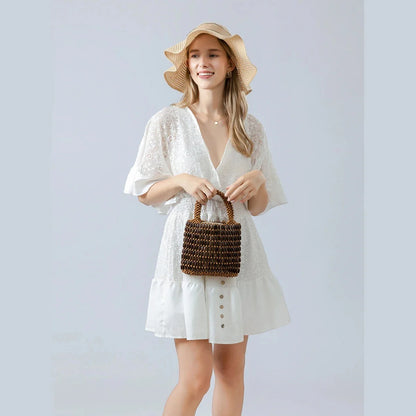 Wooden Bead Niche Design Hand-woven 2024 Spring And Summer Handbag Korean Commuter High-end Forest Clutch Bag