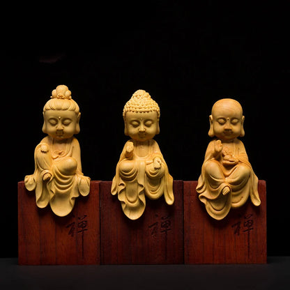 Wooden Buddha Statues 3 Gods Boxwood Wood Buddha Statue Carving Solid Wood Shakyamuni For Home Decor