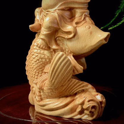 Wooden Carp Maitreya Buddha  Decorative Statue ,Creative Solid Wood Art Hand Carving Home Room, Office Fortune Gathering Statue