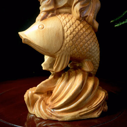 Wooden Carp Maitreya Buddha  Decorative Statue ,Creative Solid Wood Art Hand Carving Home Room, Office Fortune Gathering Statue
