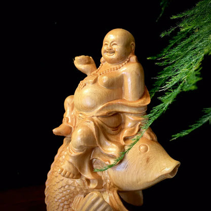 Wooden Carp Maitreya Buddha  Decorative Statue ,Creative Solid Wood Art Hand Carving Home Room, Office Fortune Gathering Statue