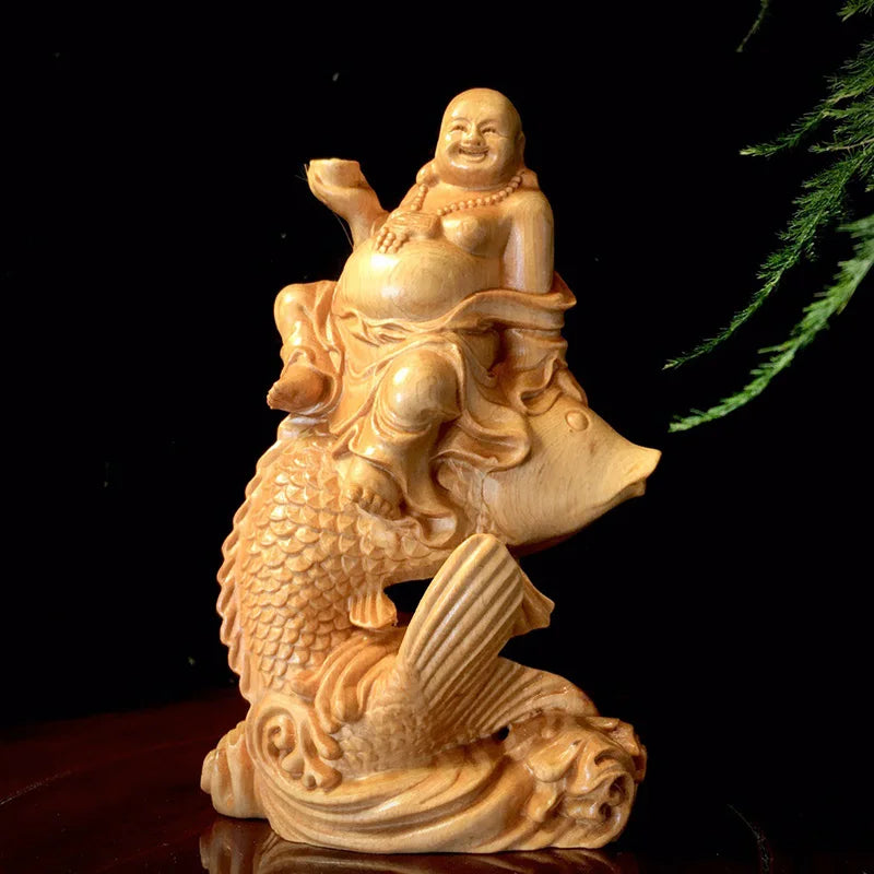 Wooden Carp Maitreya Buddha  Decorative Statue ,Creative Solid Wood Art Hand Carving Home Room, Office Fortune Gathering Statue
