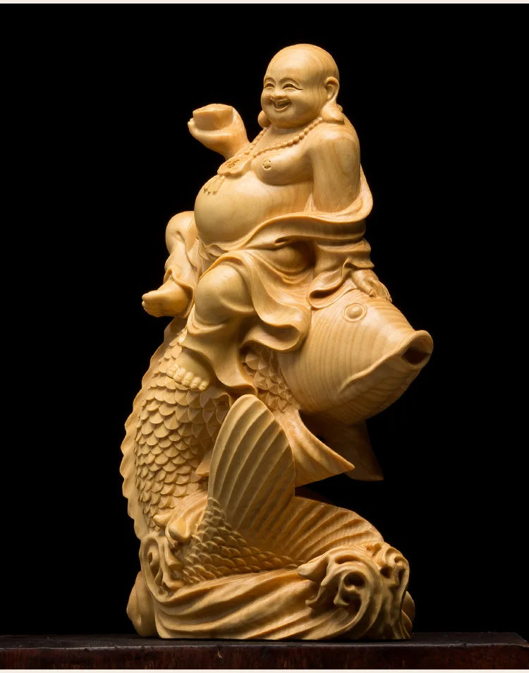Wooden Carp Maitreya Buddha  Decorative Statue ,Creative Solid Wood Art Hand Carving Home Room, Office Fortune Gathering Statue