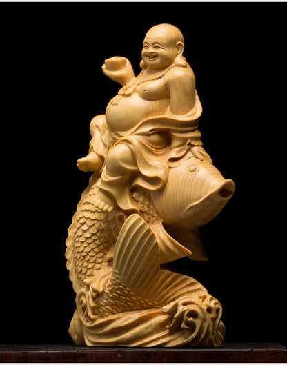 Wooden Carp Maitreya Buddha  Decorative Statue ,Creative Solid Wood Art Hand Carving Home Room, Office Fortune Gathering Statue