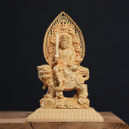 Wooden Carving Samantabhadra Manjushri Buddhist Figure Statue Solid Wood Carving Feng Shui Ornament  Home Living Room Decoration