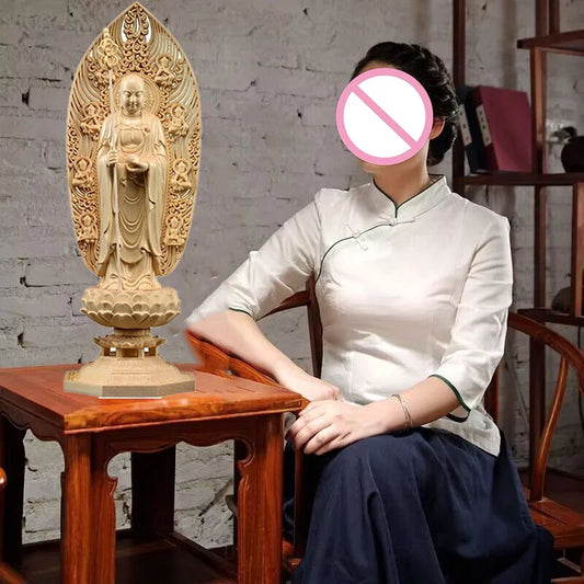 Wooden Di Zangwang large decorative figures Buddha statue Solid wood carving Home Living Room, Office Feng Shui Statue  43cm