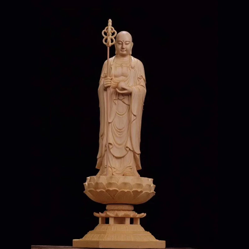 Wooden Di Zangwang large decorative figures Buddha statue Solid wood carving Home Living Room, Office Feng Shui Statue  43cm