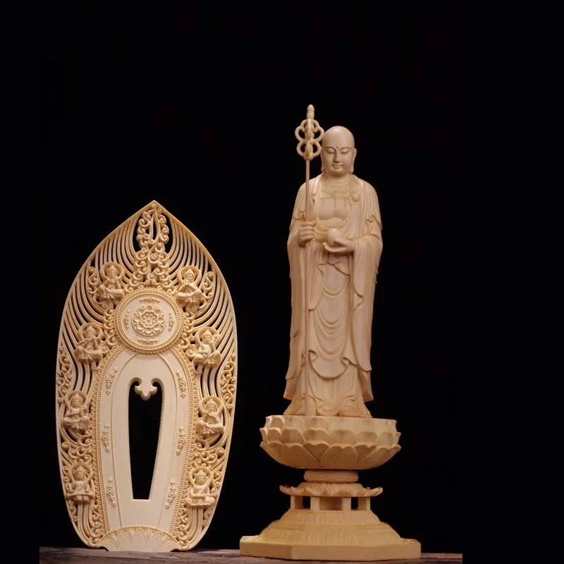 Wooden Di Zangwang large decorative figures Buddha statue Solid wood carving Home Living Room, Office Feng Shui Statue  43cm