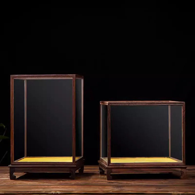 Wooden Display Stand Glass Cover Ornament Dust Cover Transparent Display Box Decorative Shelves Home Decore Fresh-keeping Cover