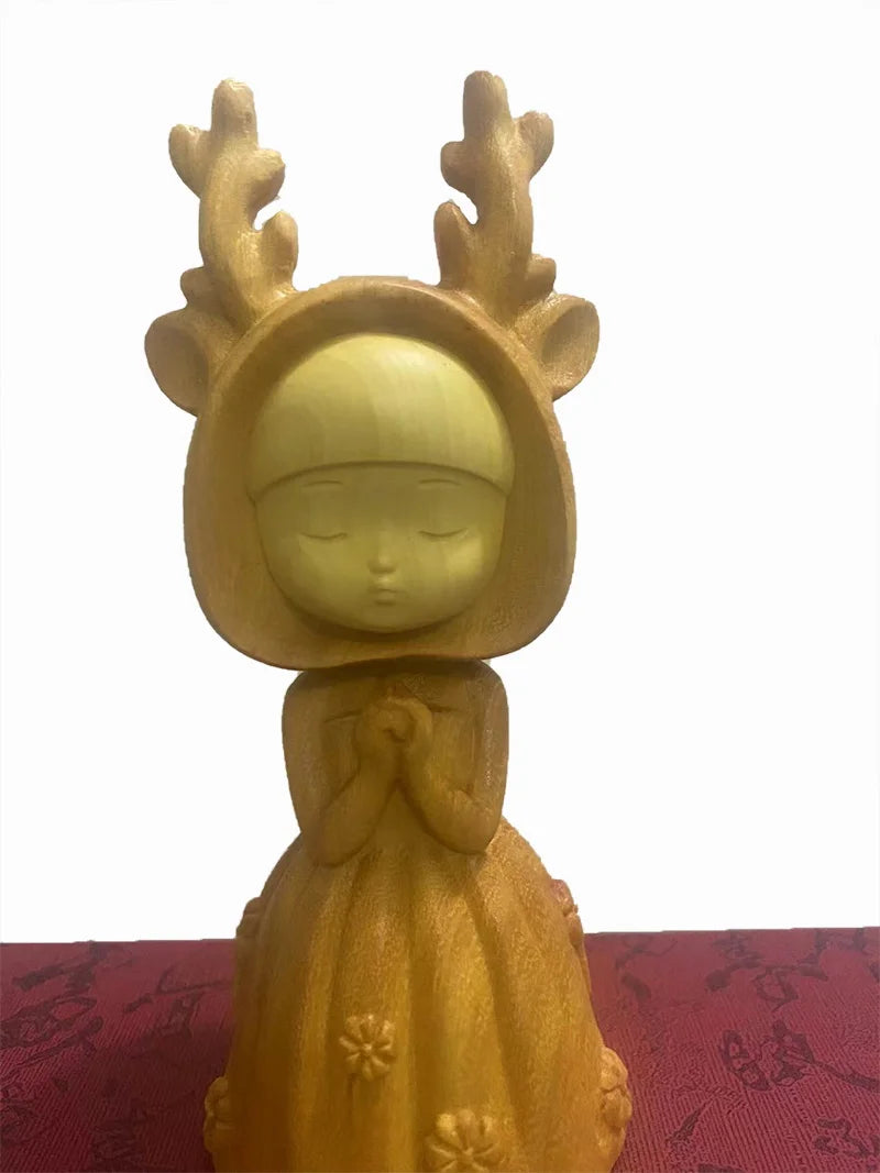 Wooden  Dream Cartoon  Deer Girl Blessing Statue， Solid Wood Carving Nordic Girl Cute Home Room Office Art Statue 5.89 in