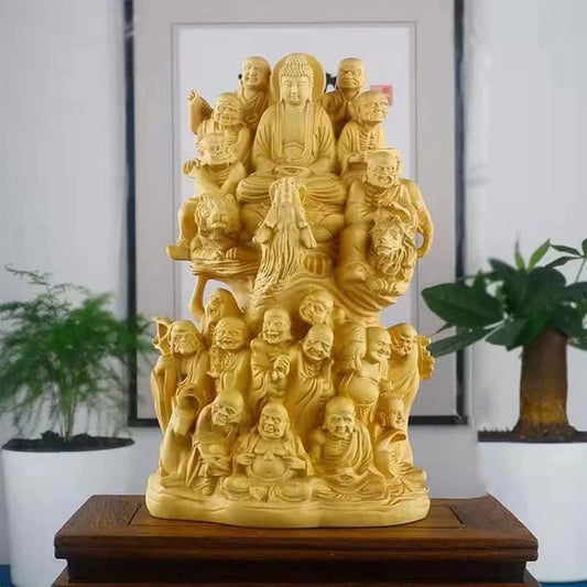 Wooden  Eighteen Arhats Buddha Statue, Solid Wood Carving Figure Buddha  Home Room Office Desktop Feng Shui Statue 6.28 in