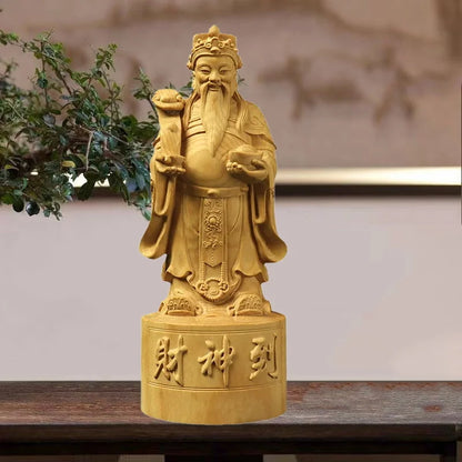 Wooden God of Wealth Figure Decoration Statue ,Solid Wood Handmade Art Carving Home Room Office Wealth Gathering Statue 8.25 in