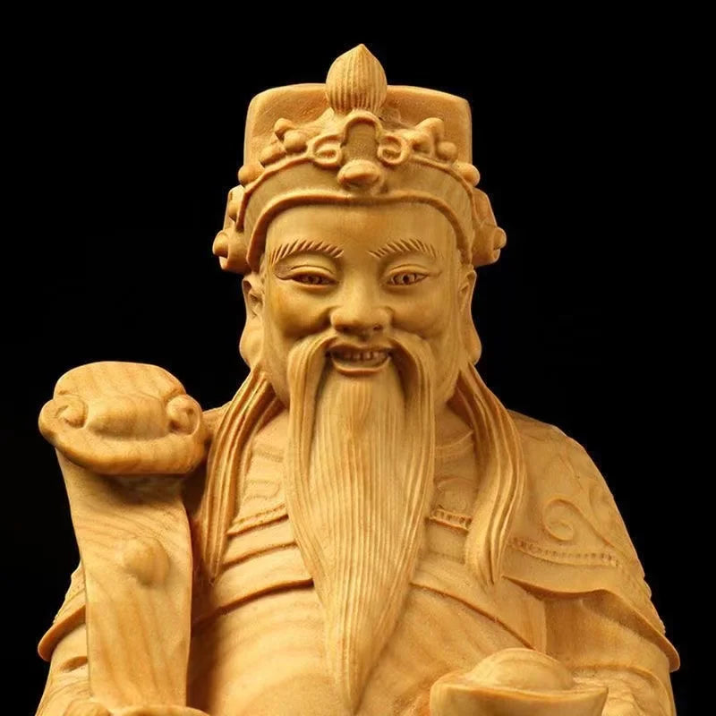 Wooden God of Wealth Figure Decoration Statue ,Solid Wood Handmade Art Carving Home Room Office Wealth Gathering Statue 8.25 in