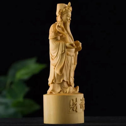 Wooden God of Wealth Figure Decoration Statue ,Solid Wood Handmade Art Carving Home Room Office Wealth Gathering Statue 8.25 in