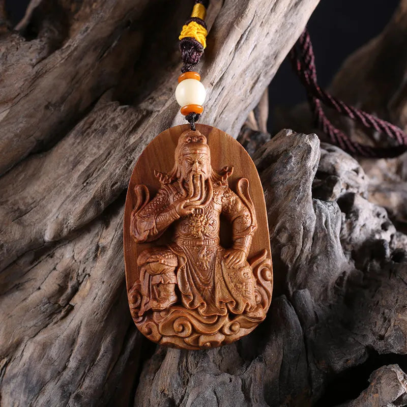 Wooden Guan Gong Statue Pendant Wood Buddha Pendant Man Amulet Necklace Guan Yu Statue Charms Pendants Wooden Men Accessories